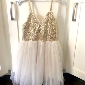 Gold and cream shiny gold strap twirl dress sz4